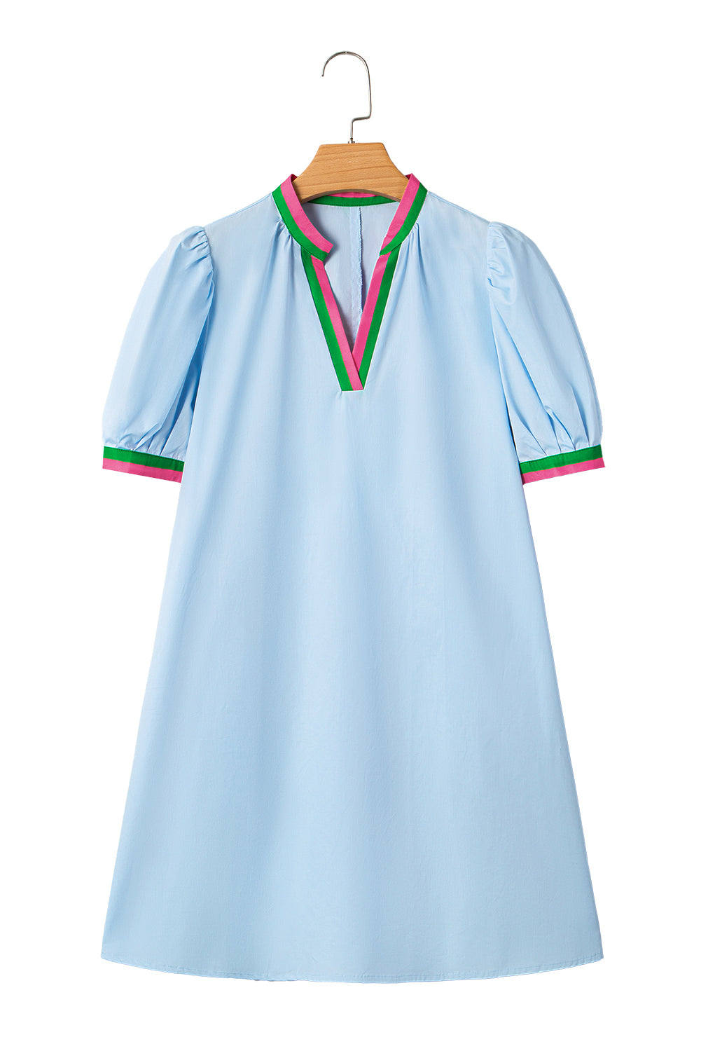 Myosotis Contrast Striped Notched V-Neck Puff Sleeve Mini Dress eAura