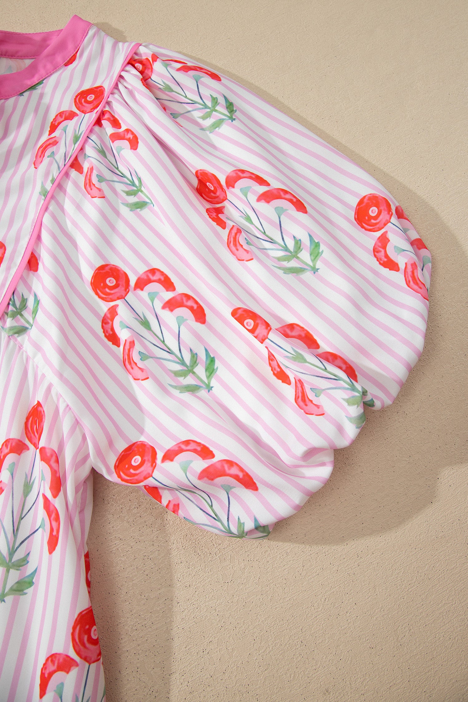 Floral Striped Tie Neck Puff Sleeve Mini Dress – Light Blue & Pink
