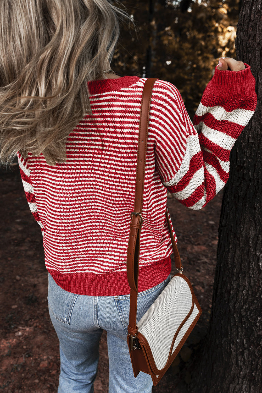 Red Stripe Geometric Textured Drop Shoulder Sweater eAura