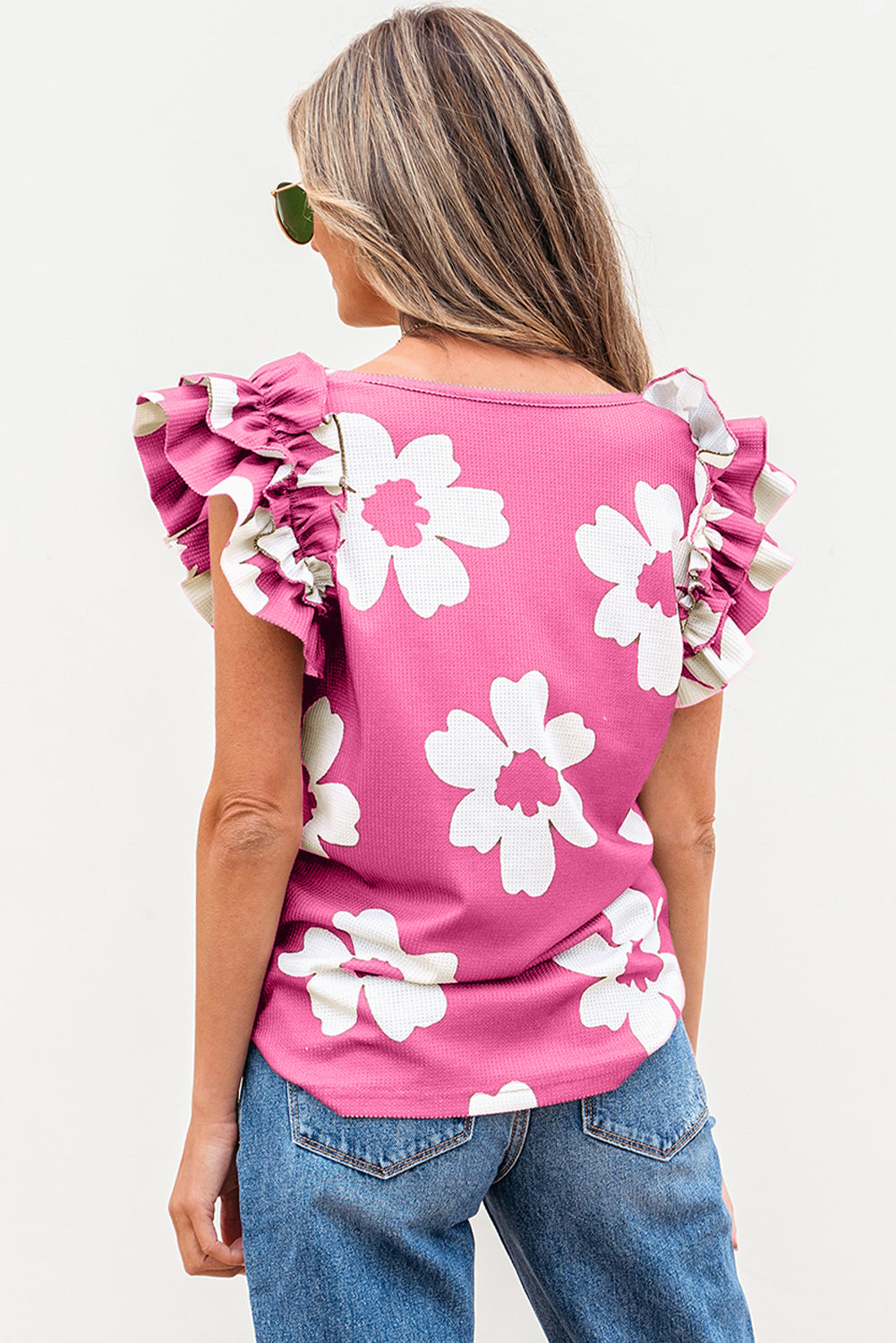 Floral Textured Ruffled Short Sleeve Square Neck Blouse eAura