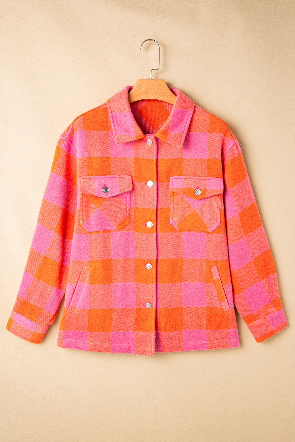 Orange Plaid Chest Pockets Button-up Turn Down Collar Jacket Beagle Boutique Fashion Outlet