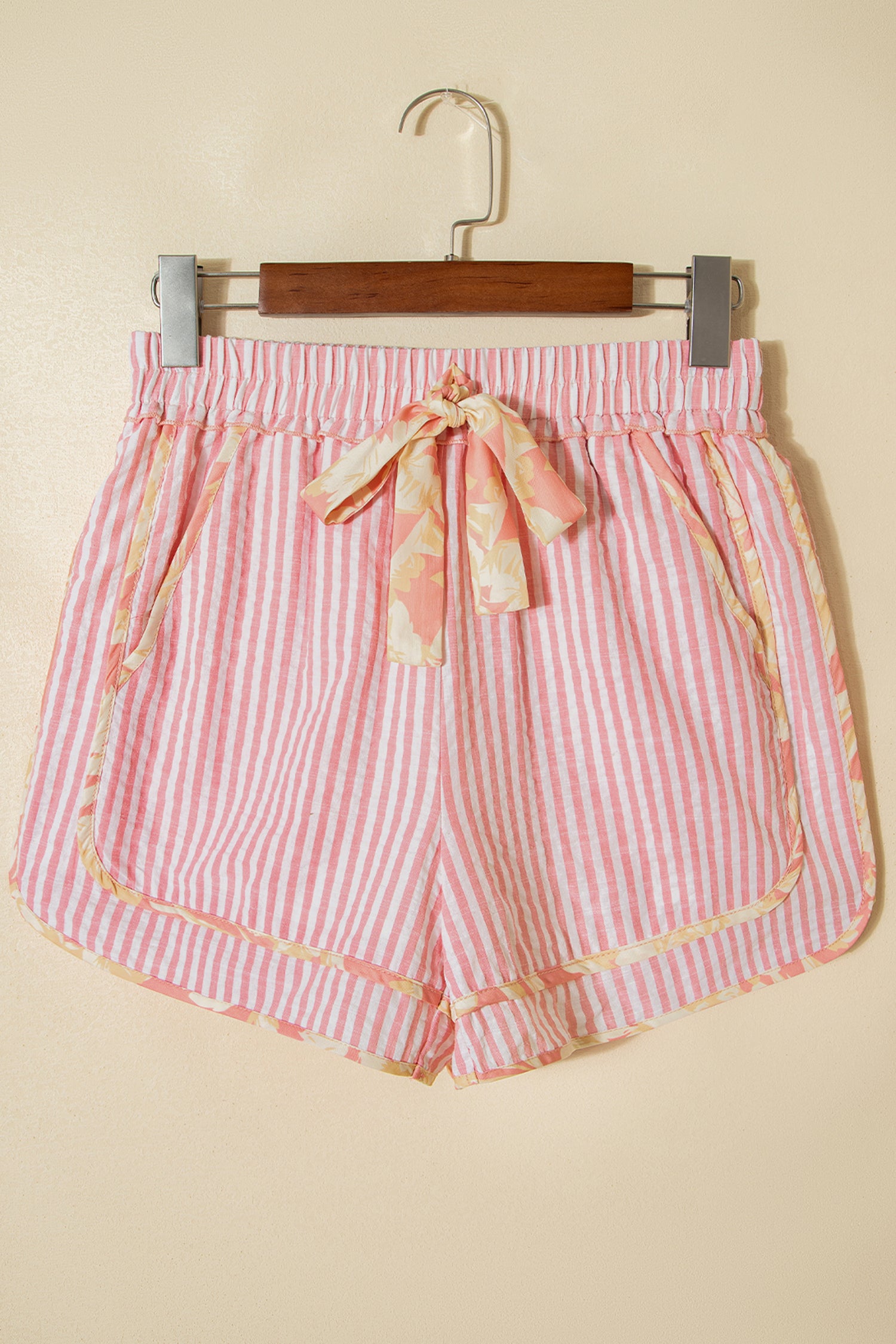 Pink Floral Trim Ribbon Knot Striped Shorts