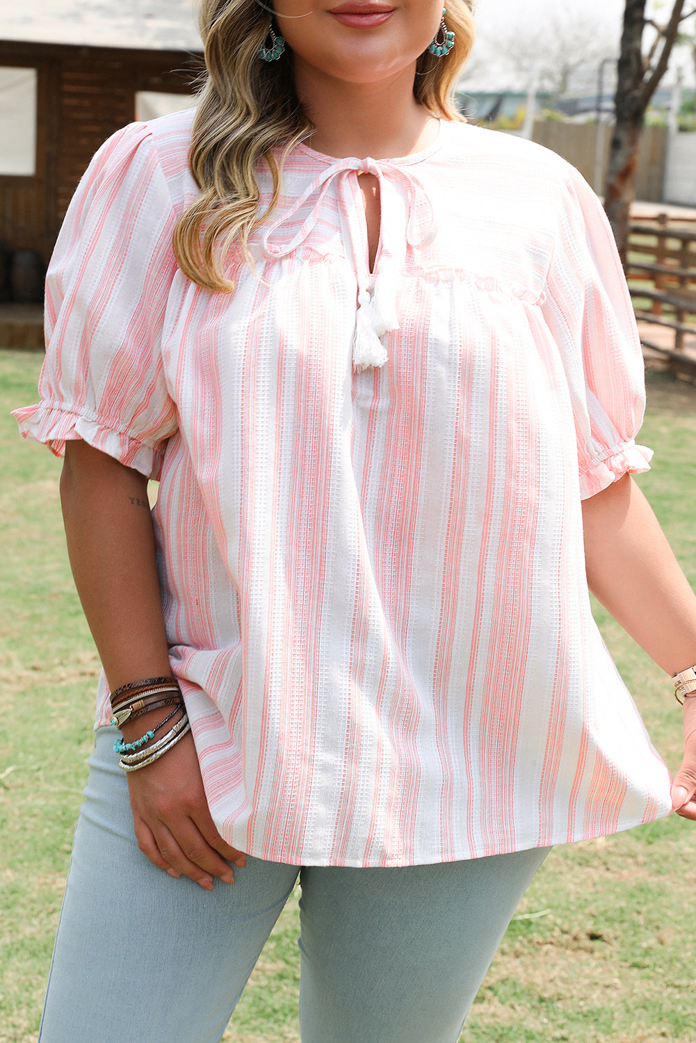 Pink Stripe Plus Size Tassel Tie Frilled Detail Short Sleeve Blouse BB Fashion Outlet