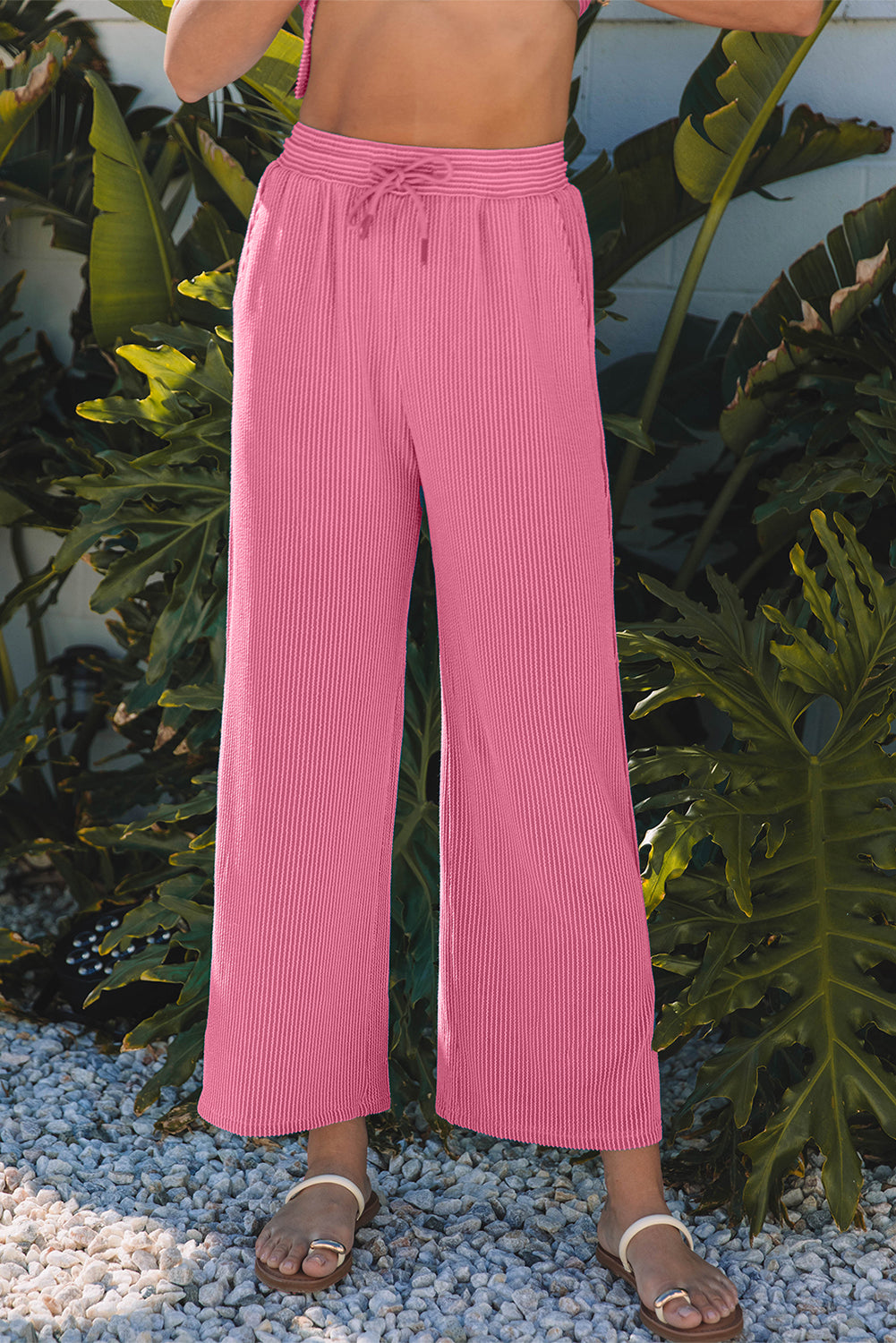 Bright Pink Solid Ribbed Knit Short Sleeve T Shirt and Wide Leg Trousers Set eAura