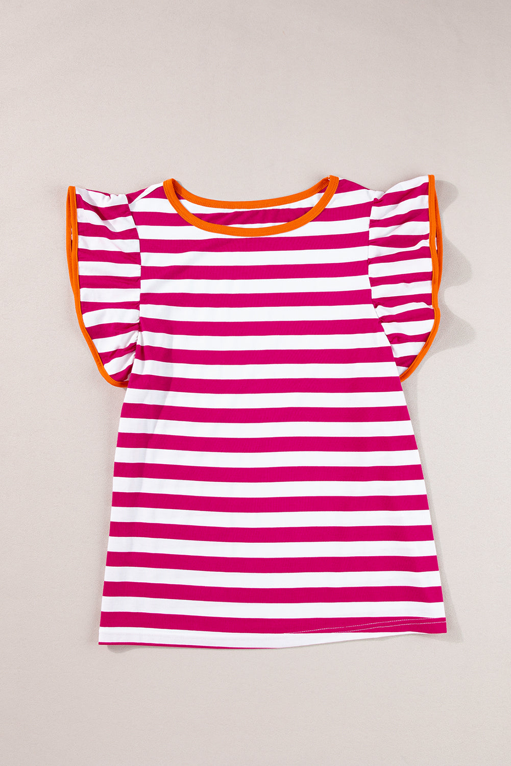Rose Red Striped Ruffle Sleeve Crew Neck Blouse eAura