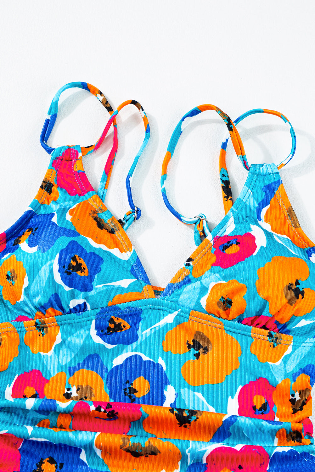 Orange Adjustable Straps Ribbed Knit One Piece Swimsuit eAura
