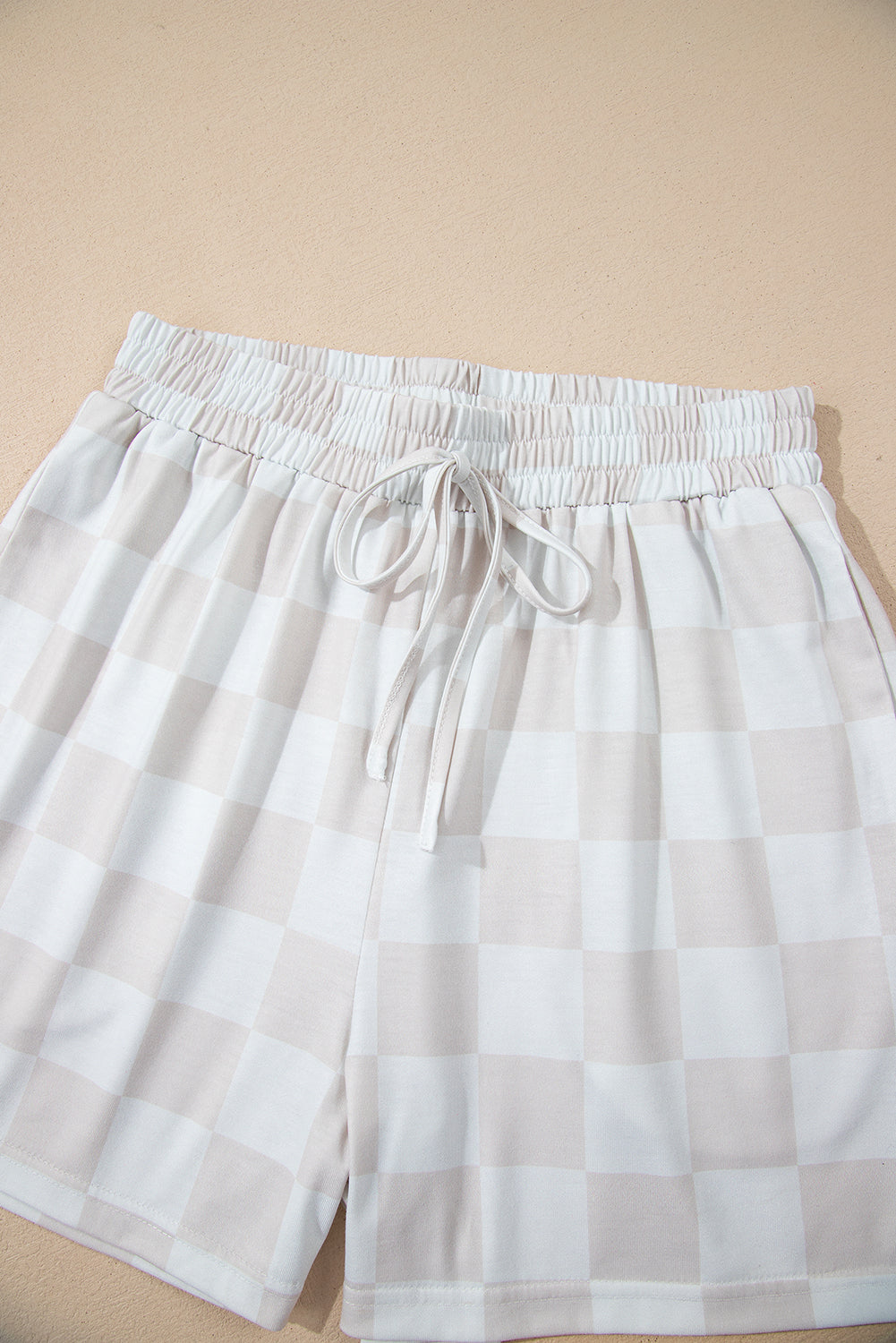 Beige Checkered V Neck Tee Drawstring Shorts Lounge Set eAura