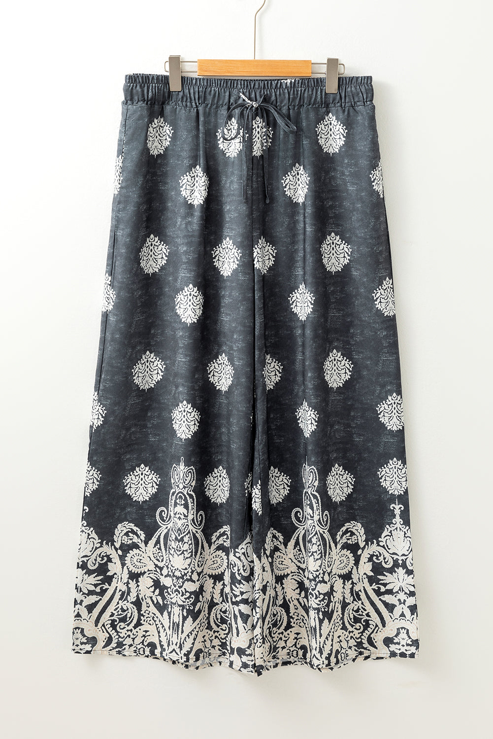 Plus Size Geometric Ethnic Print Drawstring Wide Leg Trousers – Black