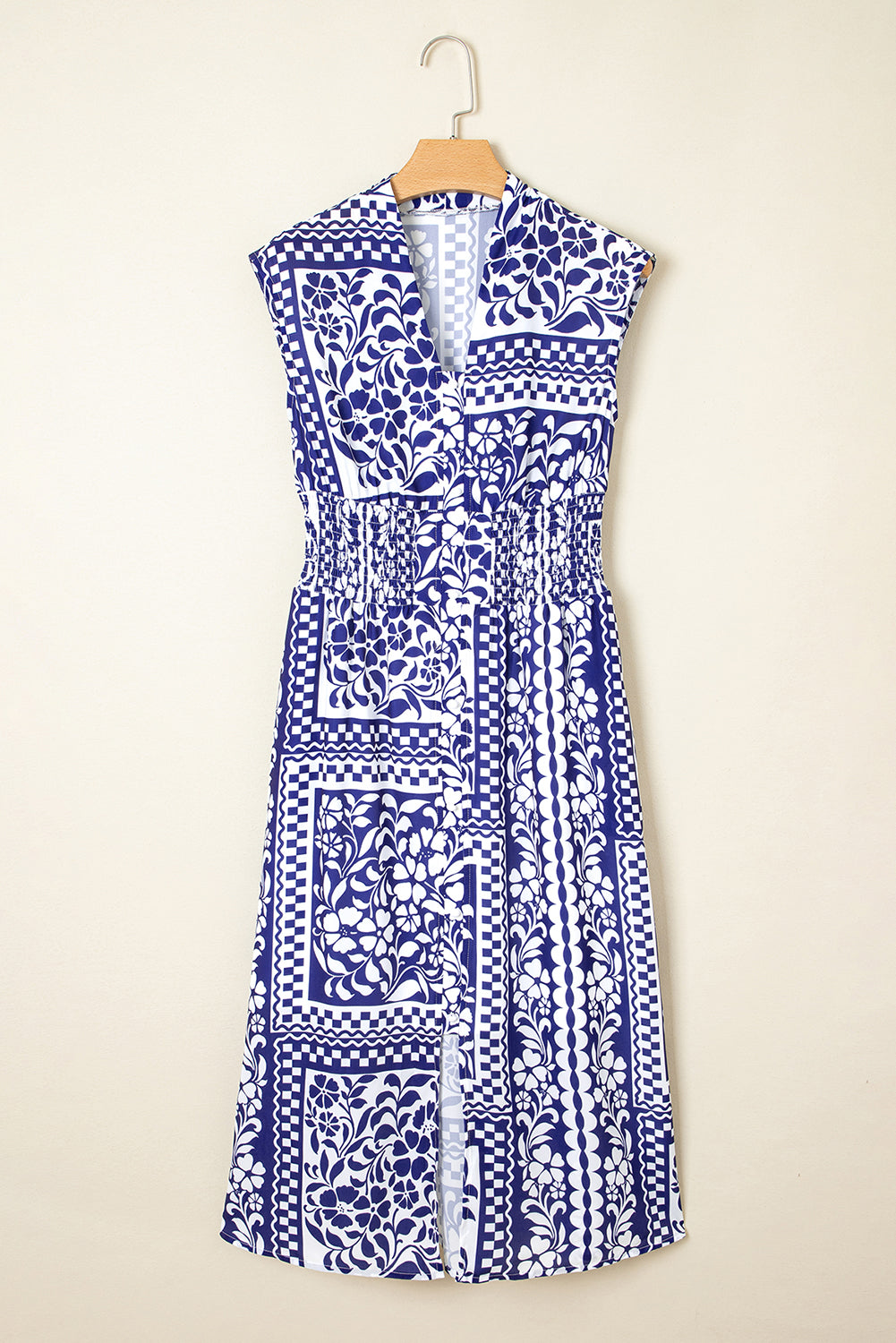 Dirty blue Shirred Waist V Neck Sleeveless Floral Print Midi Dress - BB Fashion Outlet