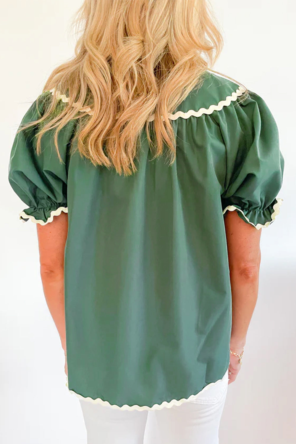 Mist Green Ric Rac Trim Tie Split Neck Short Sleeve Blouse eAura