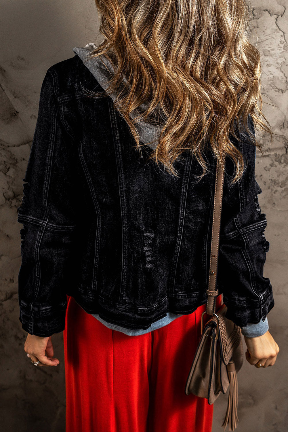 Black Fake Two-Piece Hooded Zip-Up Denim Jacket eAura