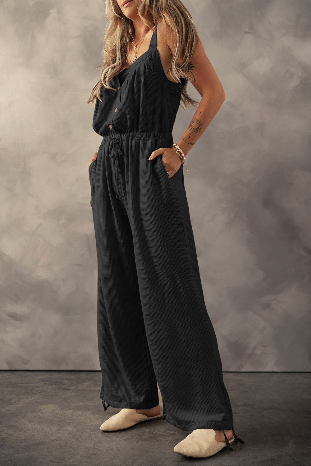 Black Knotted Straps Button Textured Drawstring Jumpsuit eAura