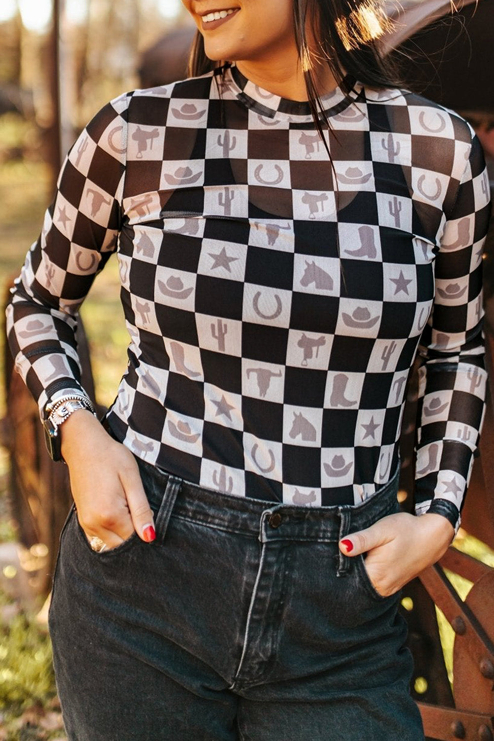 Black Checkerboard Western Elements Printed Mesh Long Sleeve Top eAura