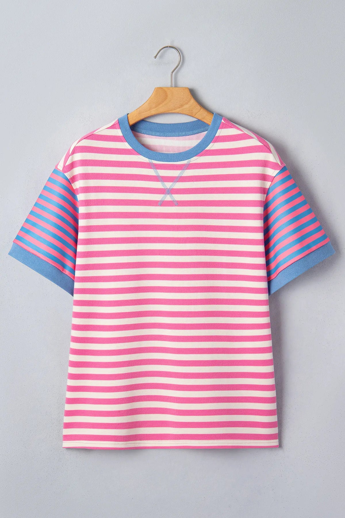 Contrast Patchwork Short Sleeve Loose Tee – Pink Stripe