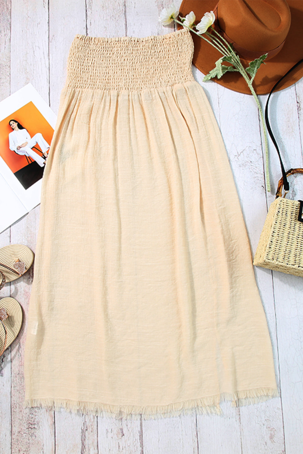 Pale Khaki Shirred High Waist Split Maxi Beach Skirt