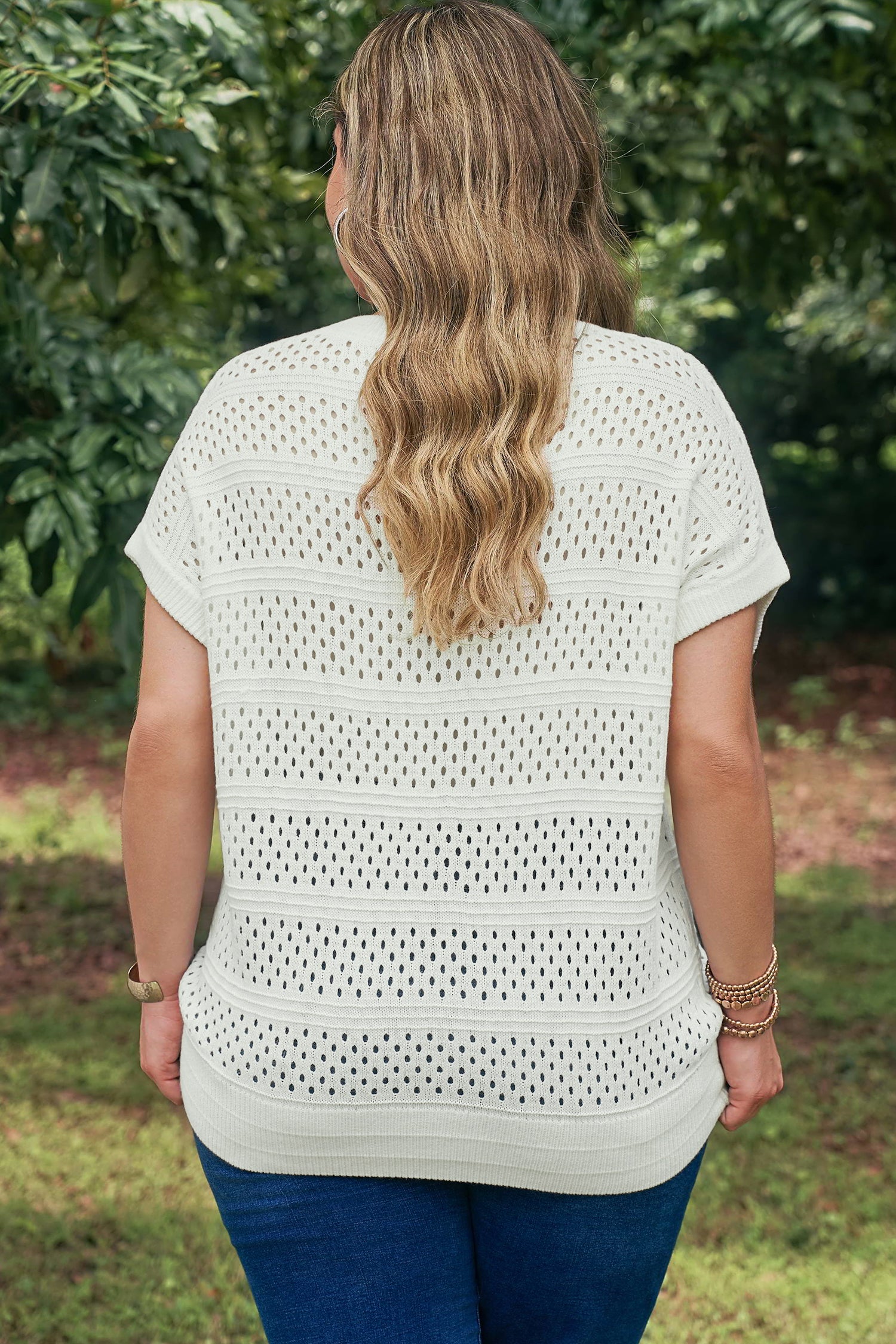 Plus Size Eyelet Hollow-Out Knit Dolman Short Sleeve Sweater