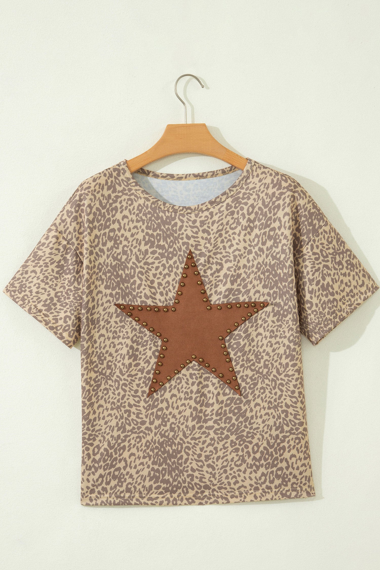 Leopard Print Studded Star Patch Loose Tee – Khaki & Pink