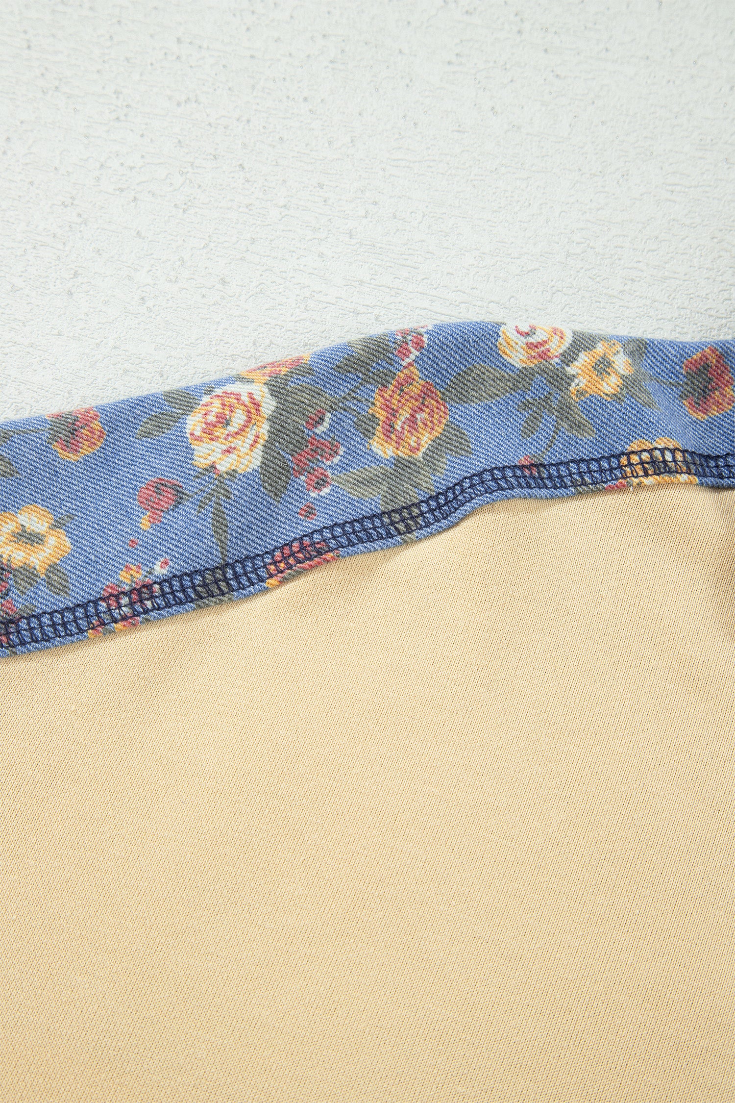 Floral Denim Patchwork Collar V Neck Long Sleeve Pullover Top – Apricot