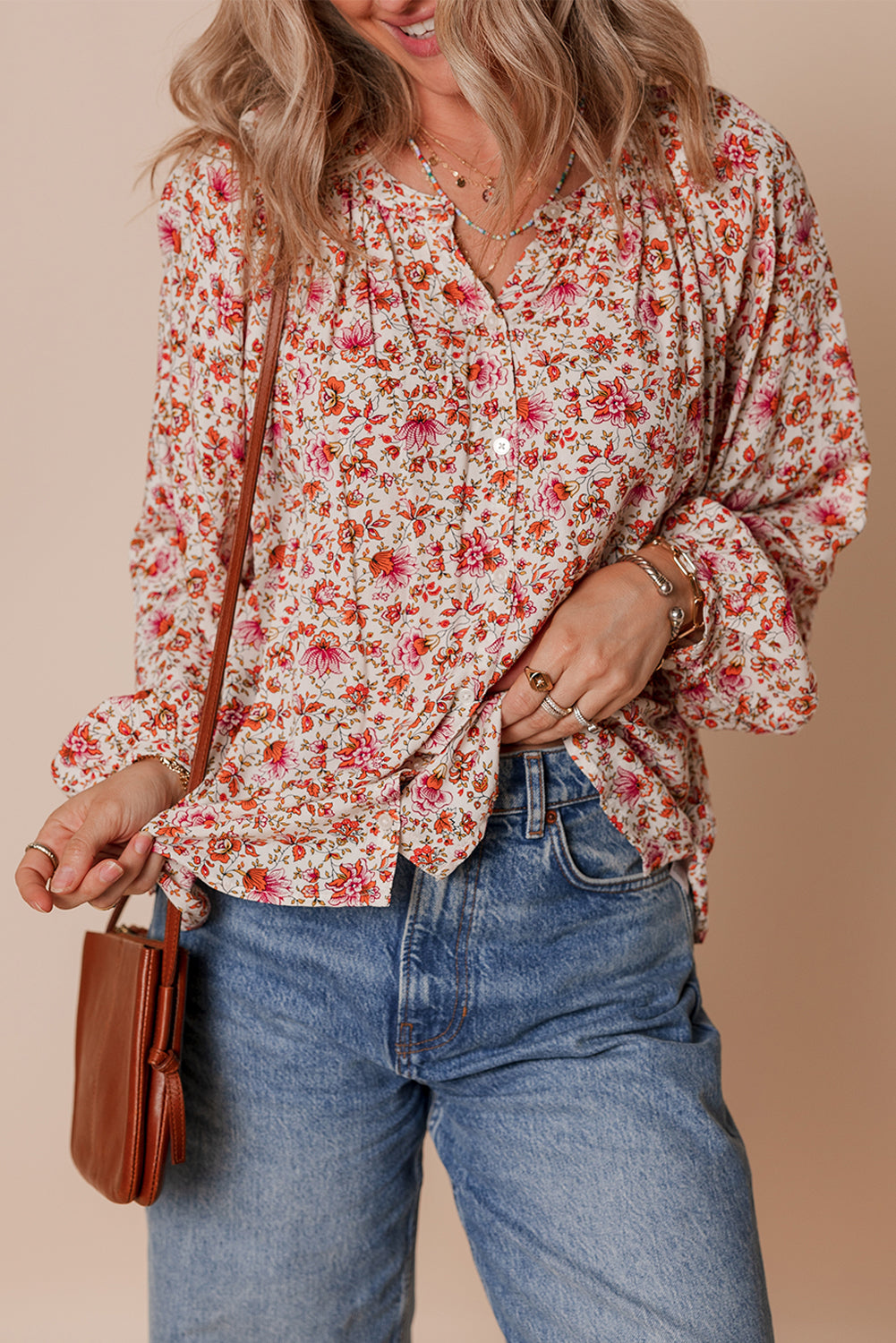 Red Floral Print Pleated Detail Notched Neck Puff Sleeve Blouse - eAura