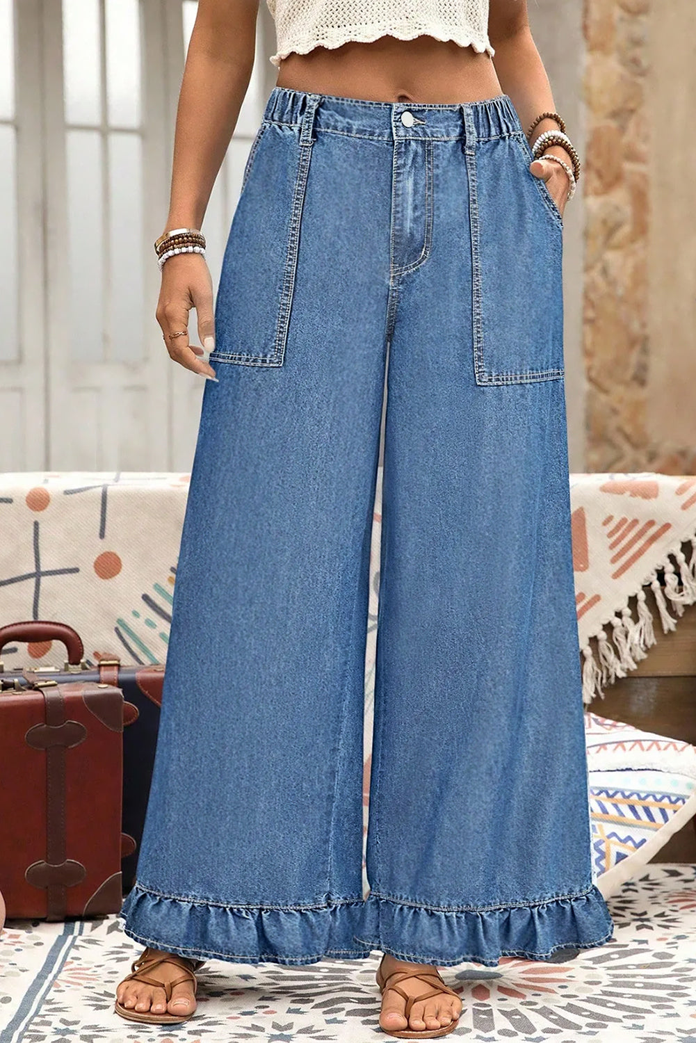 Plus Size Elastic Waist Ruffled Wide Leg Denim Jeans - Size/Plus Bottoms