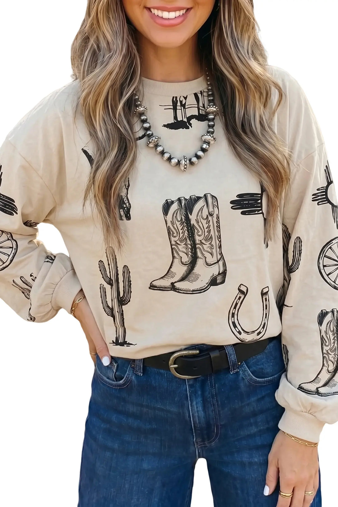 Western Print Long Sleeve Round Neck Loose Top