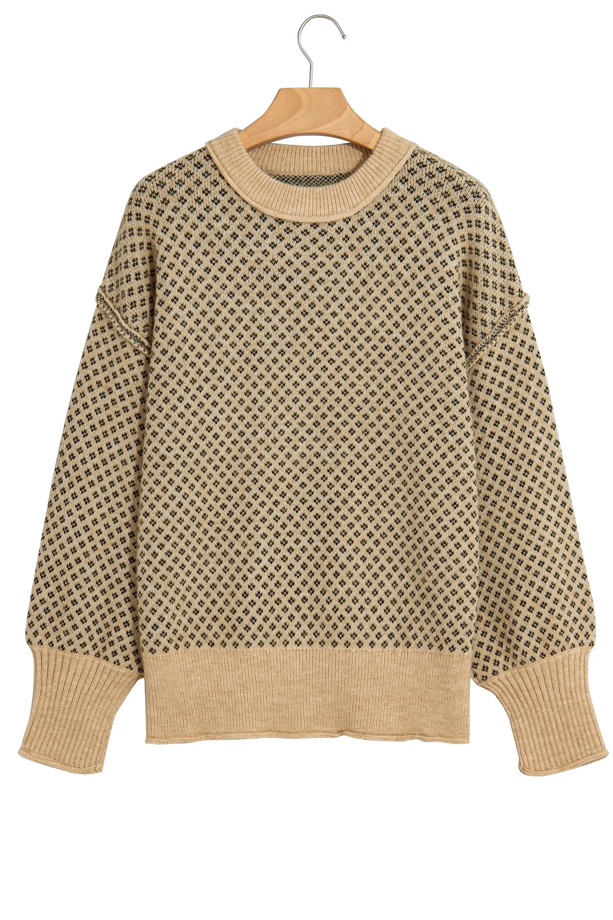 Geometric Print Drop Shoulder Round Neck Long Sleeve Sweater – Khaki