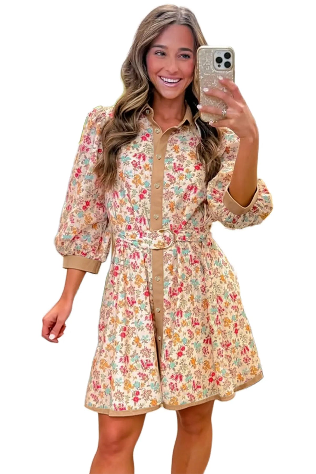 Floral Print Colour Block Trim Button Down 3/4 Sleeve Belted Mini Dress – Orange