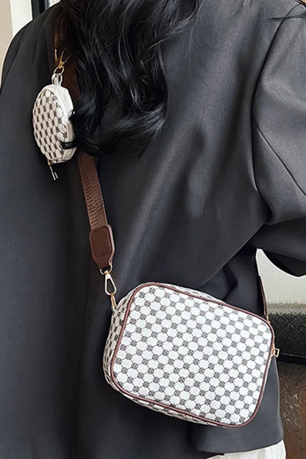 Coffee PU Leather Geometric Pattern Adjustable Strap Shoulder Bag with Wallet