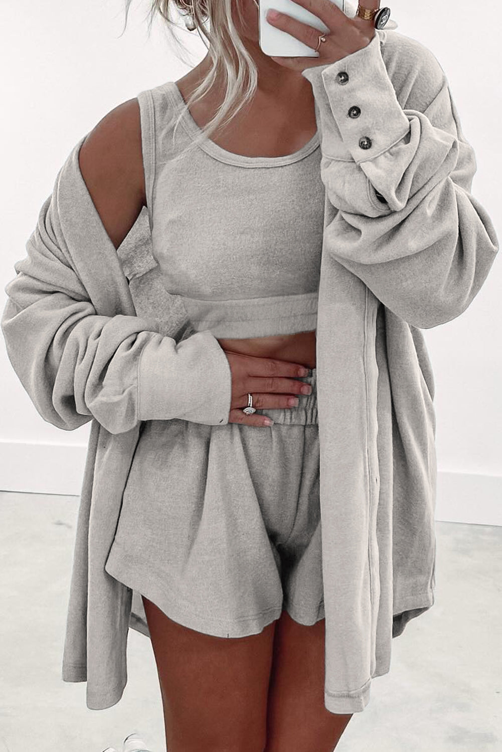 Grey 3 Pcs Crop Tank Top Shorts with Cardigan Lounge Set eAura