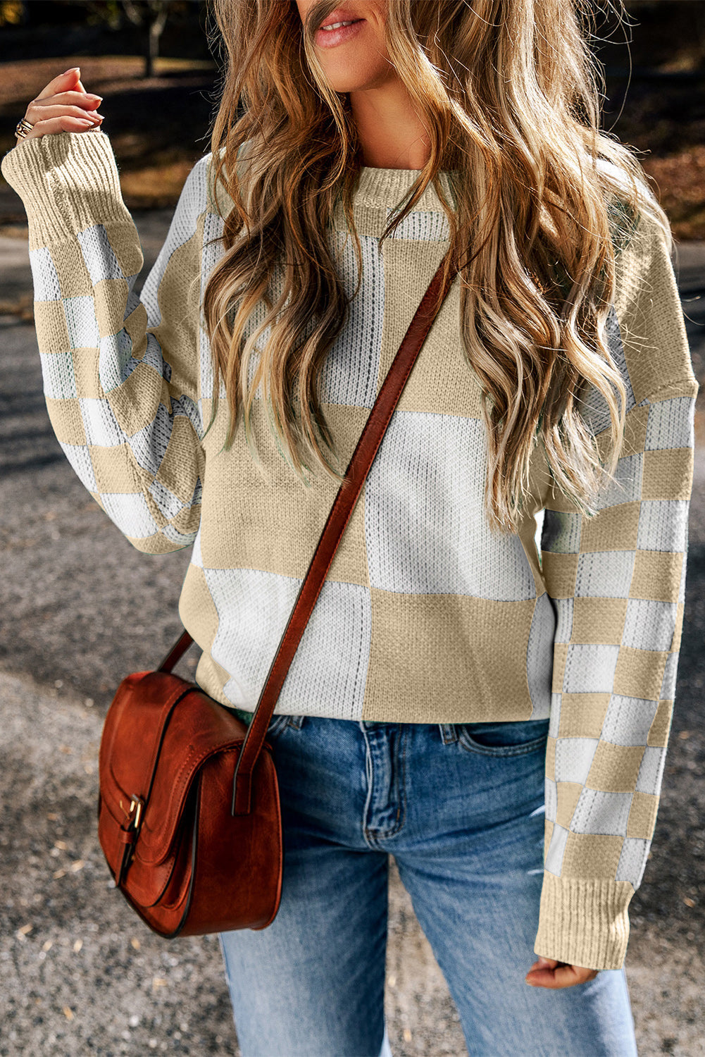 Flaxen Checkered Print Drop Shoulder Sweater eAura