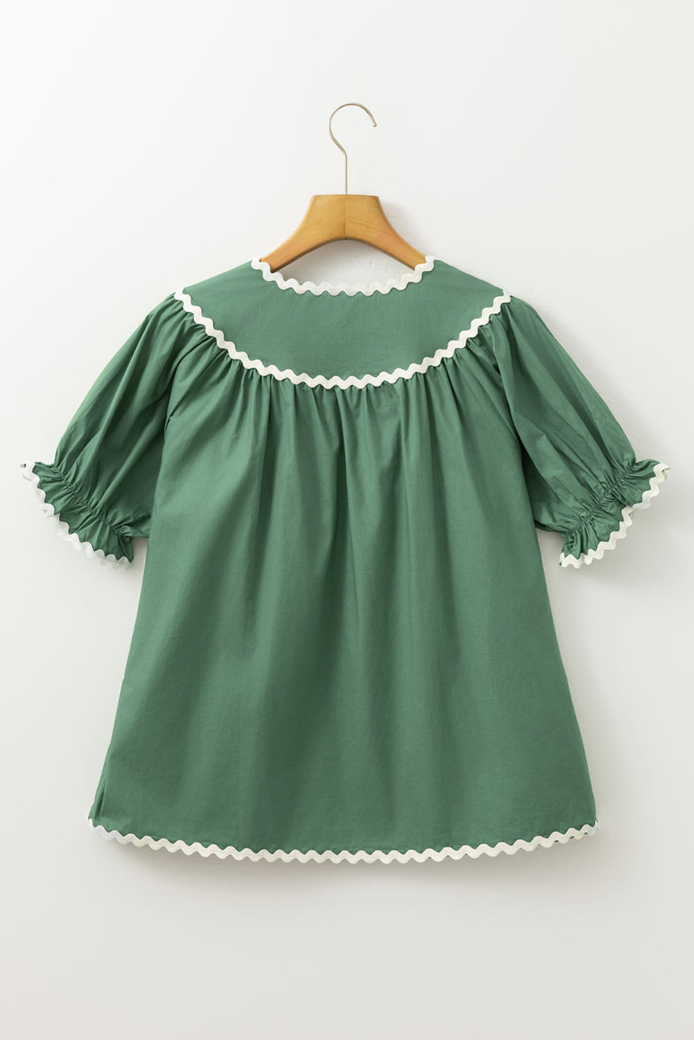 Mist Green Ric Rac Trim Tie Split Neck Short Sleeve Blouse eAura