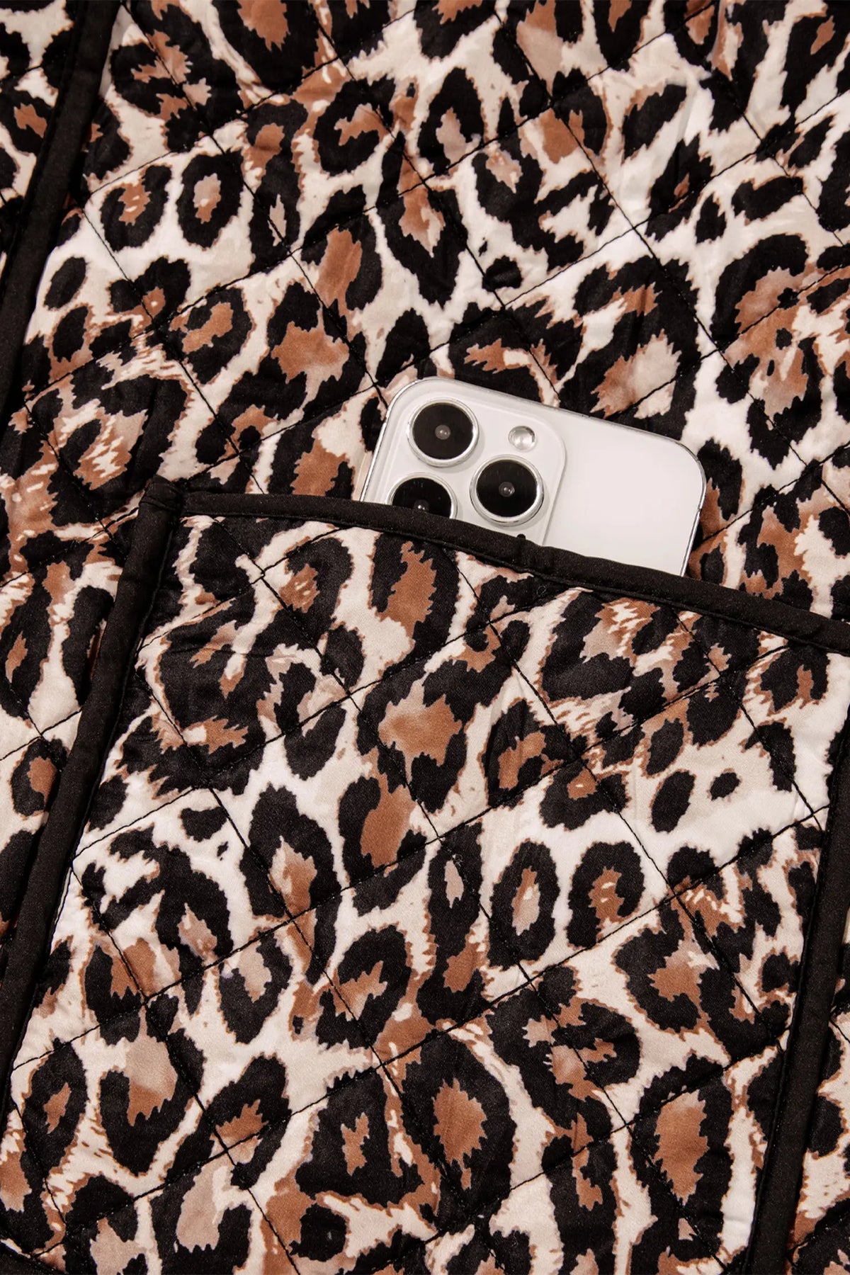 Leopard Print Quilted Button Front Patch Pockets Jacket – Brown