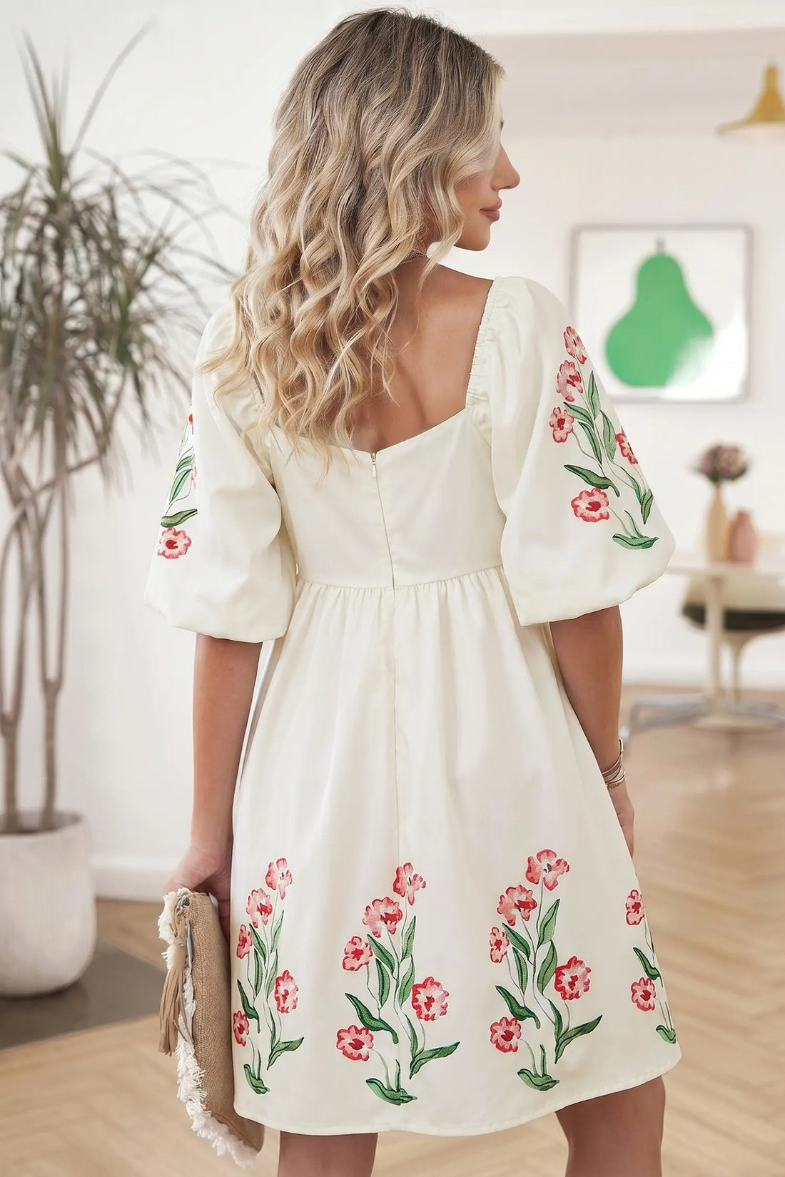 Floral Print Puff Sleeve Square Neck Babydoll Dress – Beige