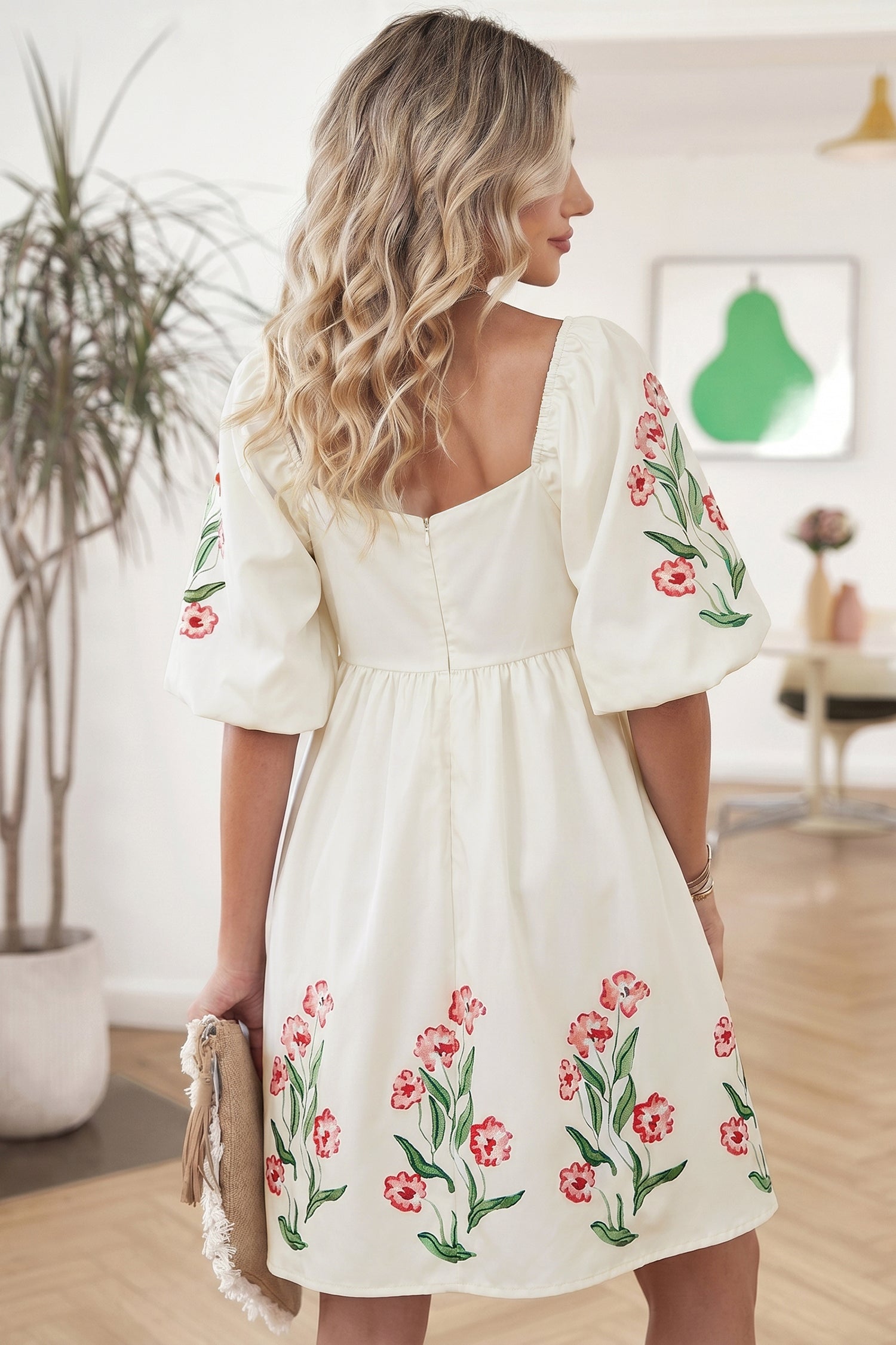 Floral Print Puff Sleeve Square Neck Babydoll Dress – Beige