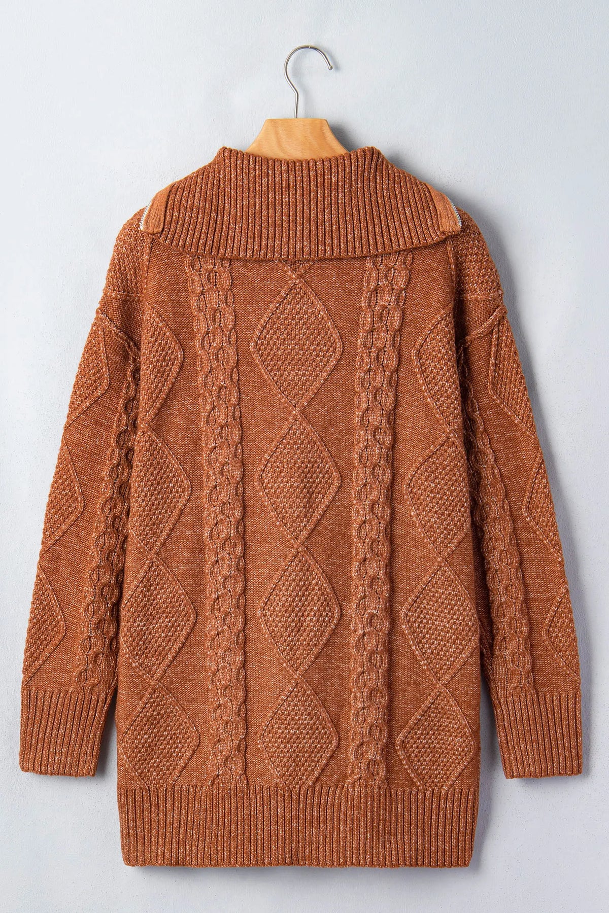 Zip-Up Cable Knit Drop Shoulder Sweater Dress – Clay