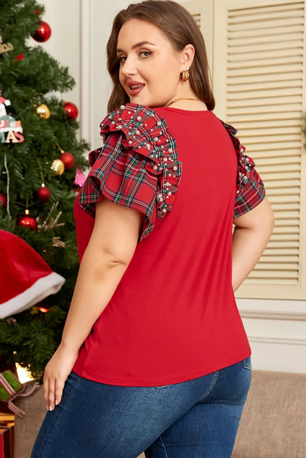 Plaid Pearl Ruffled Short Sleeve Knitted Christmas Holiday Plus Size T-shirt
