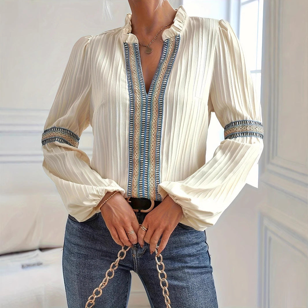 Lace Detail V-Neck Blouse Lantern Sleeve eprolo