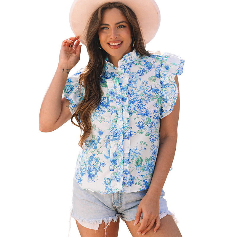 Short Sleeve Blouse Floral Print Cap Sleeves eprolo
