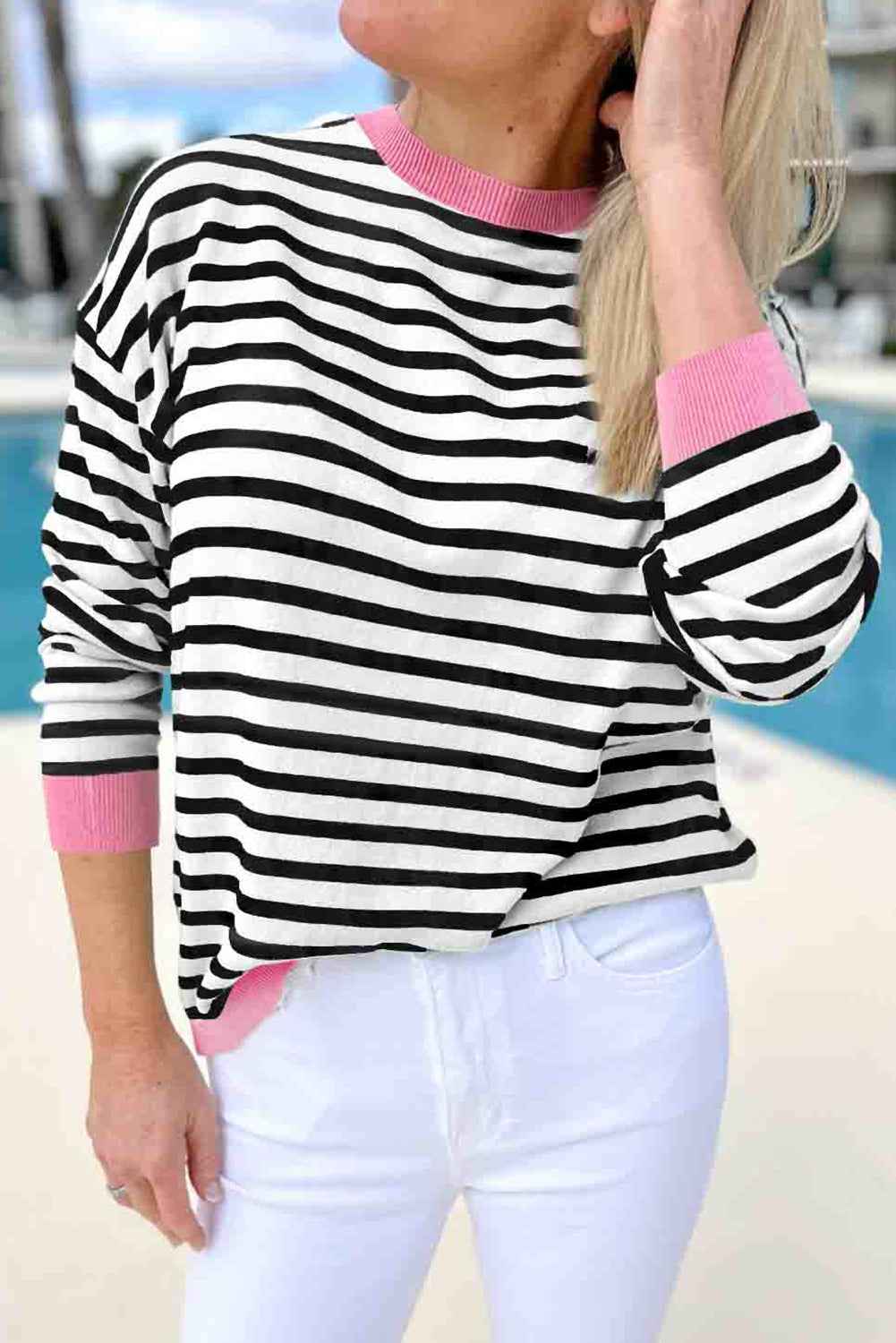 Black Striped Contrast Edge Long Sleeve Top Beagle Boutique Fashion Outlet