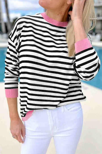 Black Striped Contrast Edge Long Sleeve Top Beagle Boutique Fashion Outlet