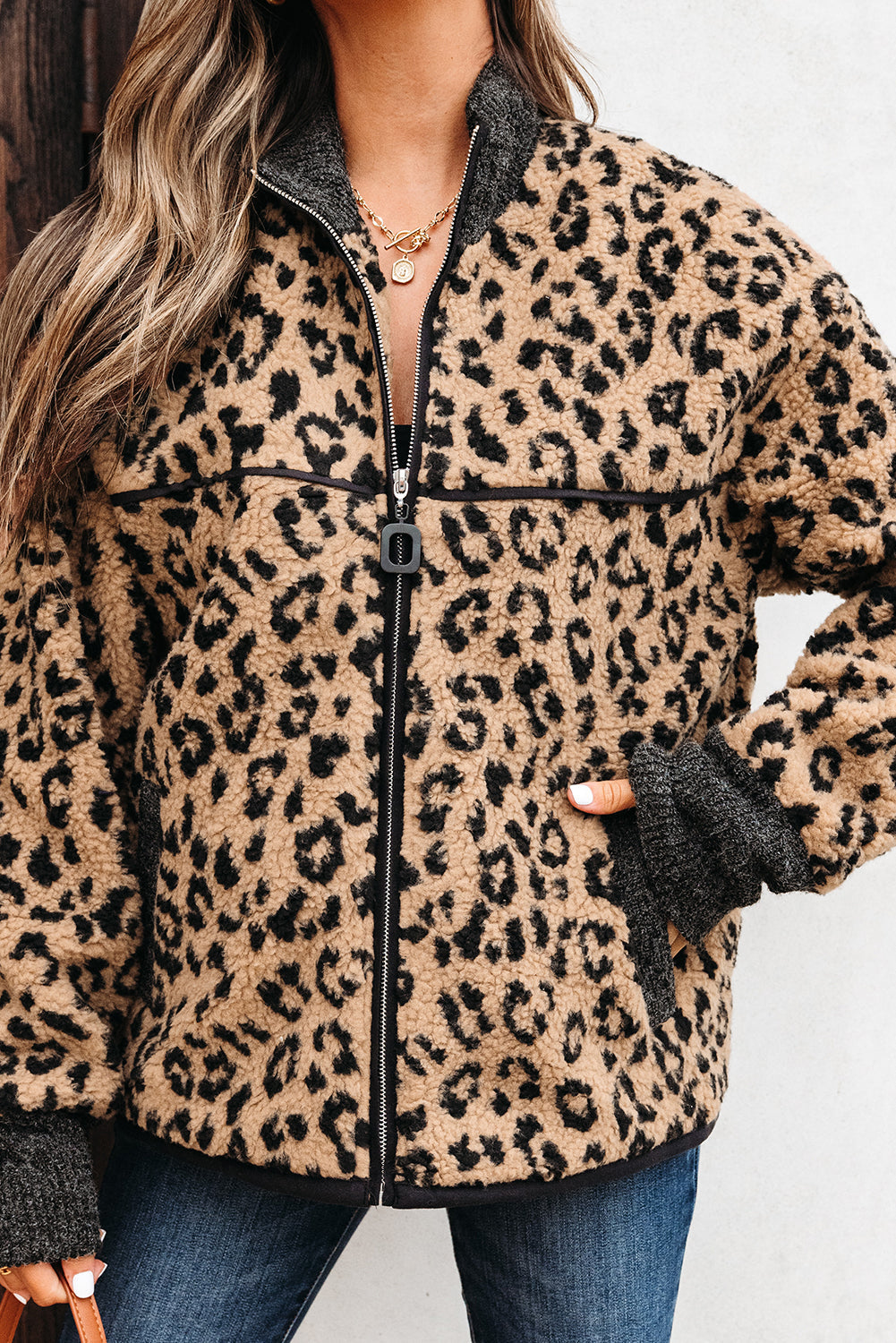 Leopard Print Zip-up Stand Neck Side Pocket Jacket eAura