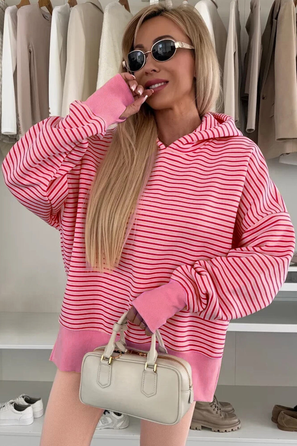 Stripe Thumbhole Side Slits Drop Shoulder Loose Fit Hoodie - eAura