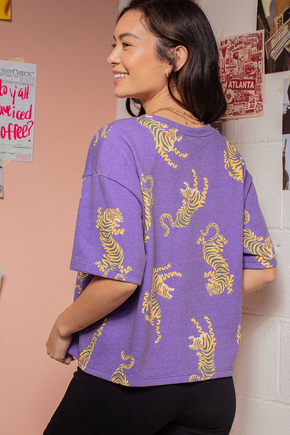 Purple Allover Tiger Printed Patch Pocket Loose T Shirt eAura