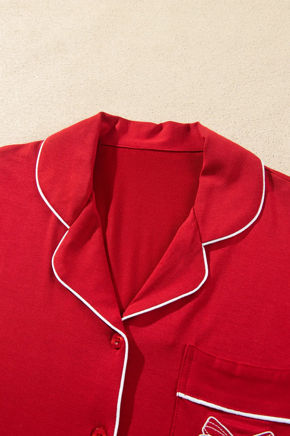 Racing Red Bow Pocket Detail Long Sleeve Shirt 2pcs Pajama Set