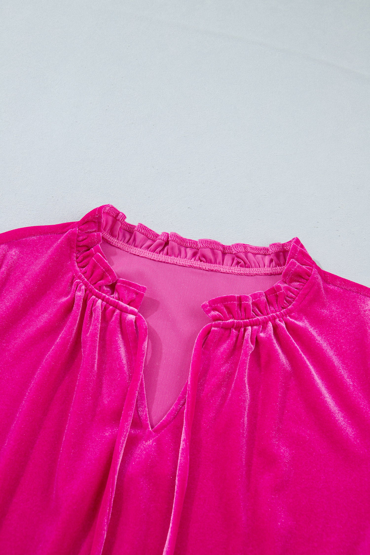V Neck Velvet Ruffled Cuffs Hem Long Sleeve Top – Strawberry Pink