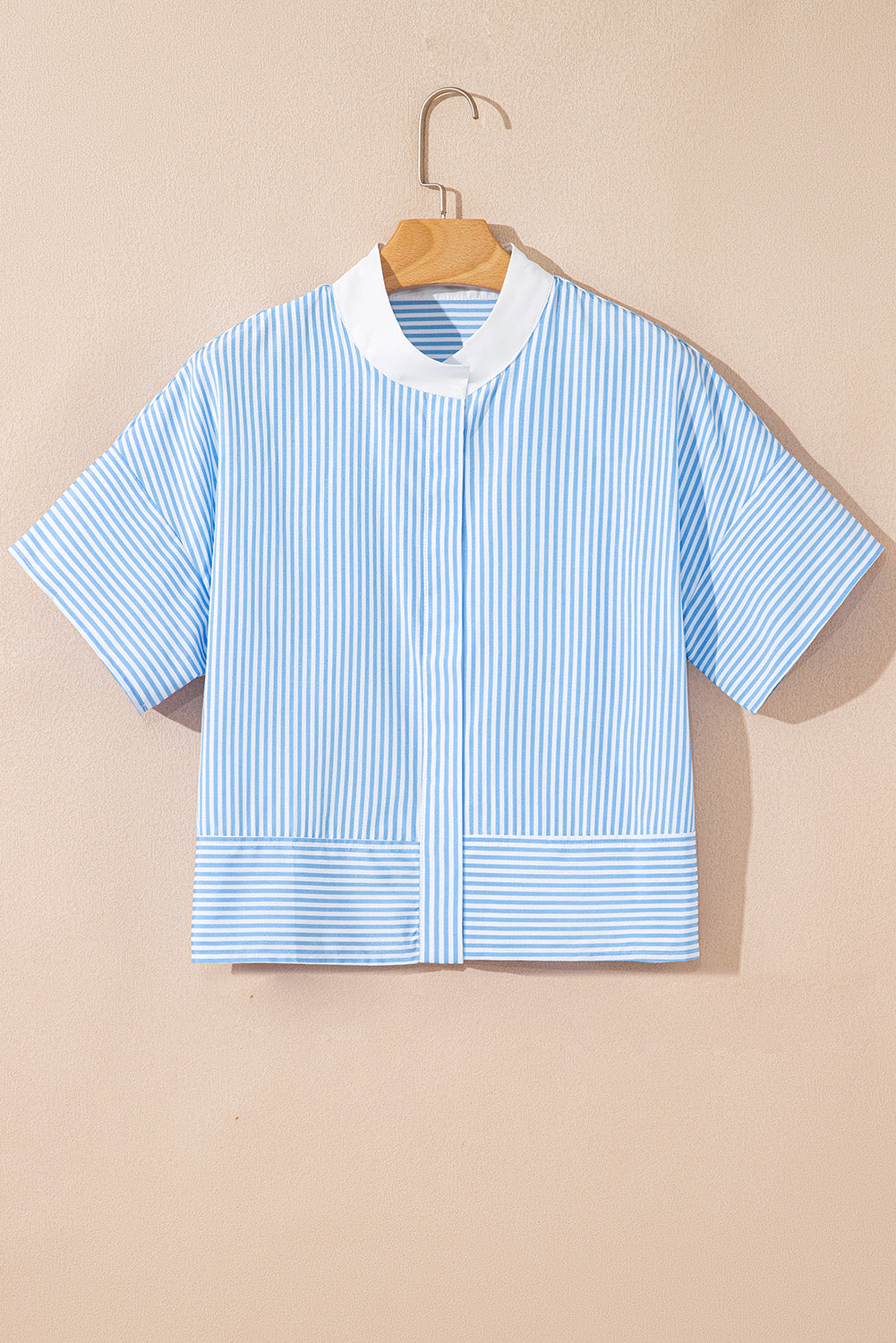 Sky Blue Stripe Contrast Collar Hidden Button Short Sleeve Summer Shirt BB Fashion Outlet