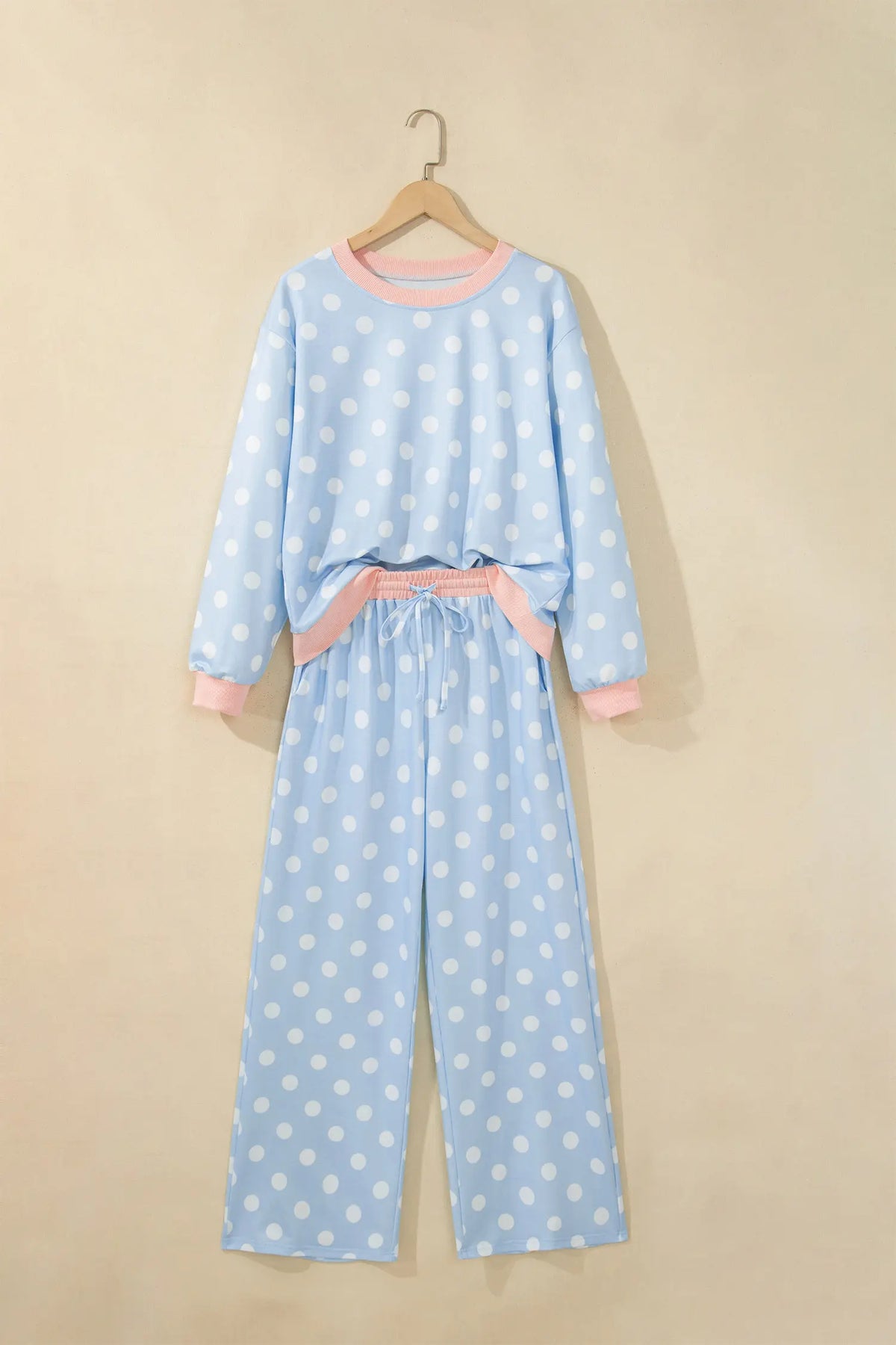 Polka Dot Contrast Trim Long Sleeve Top Drawstring Shift Pants Set – Pink