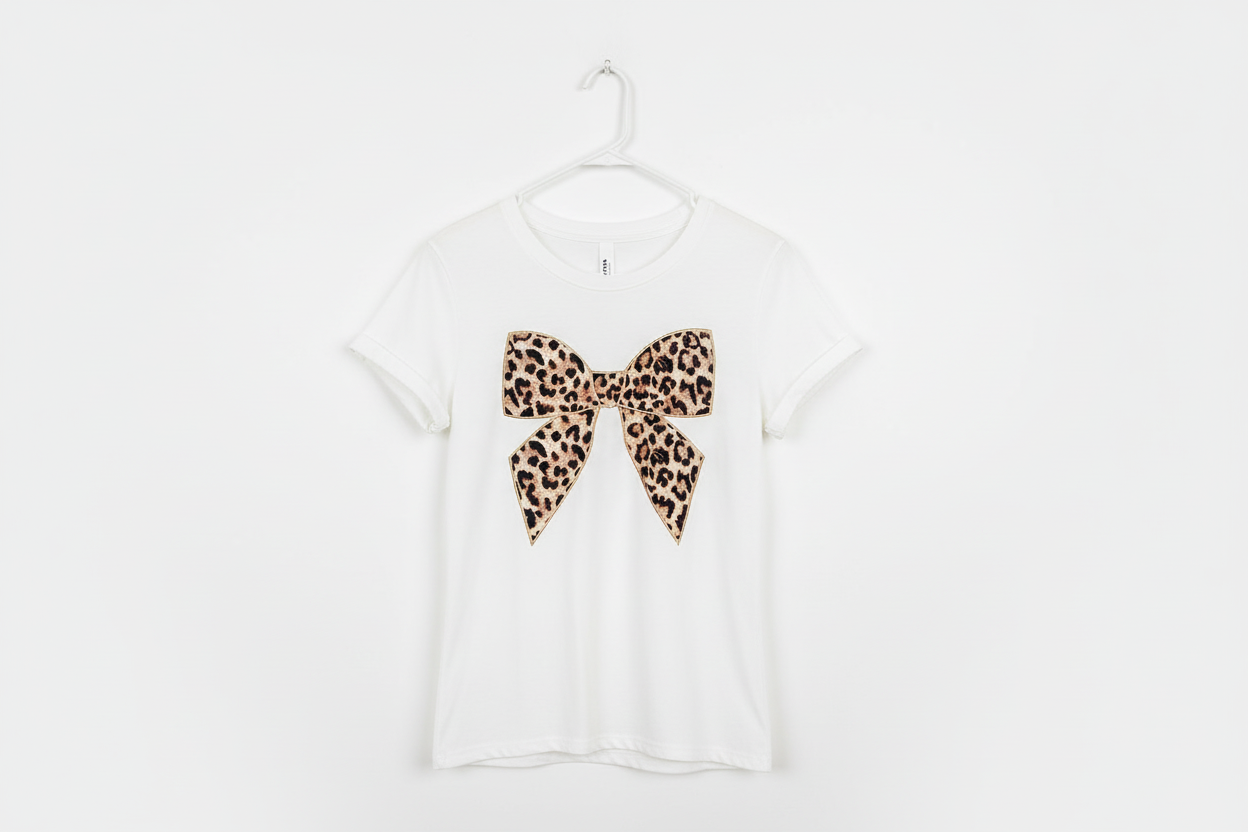 White Leopard Bow Embroidered Cotton Round Neck T-Shirt
