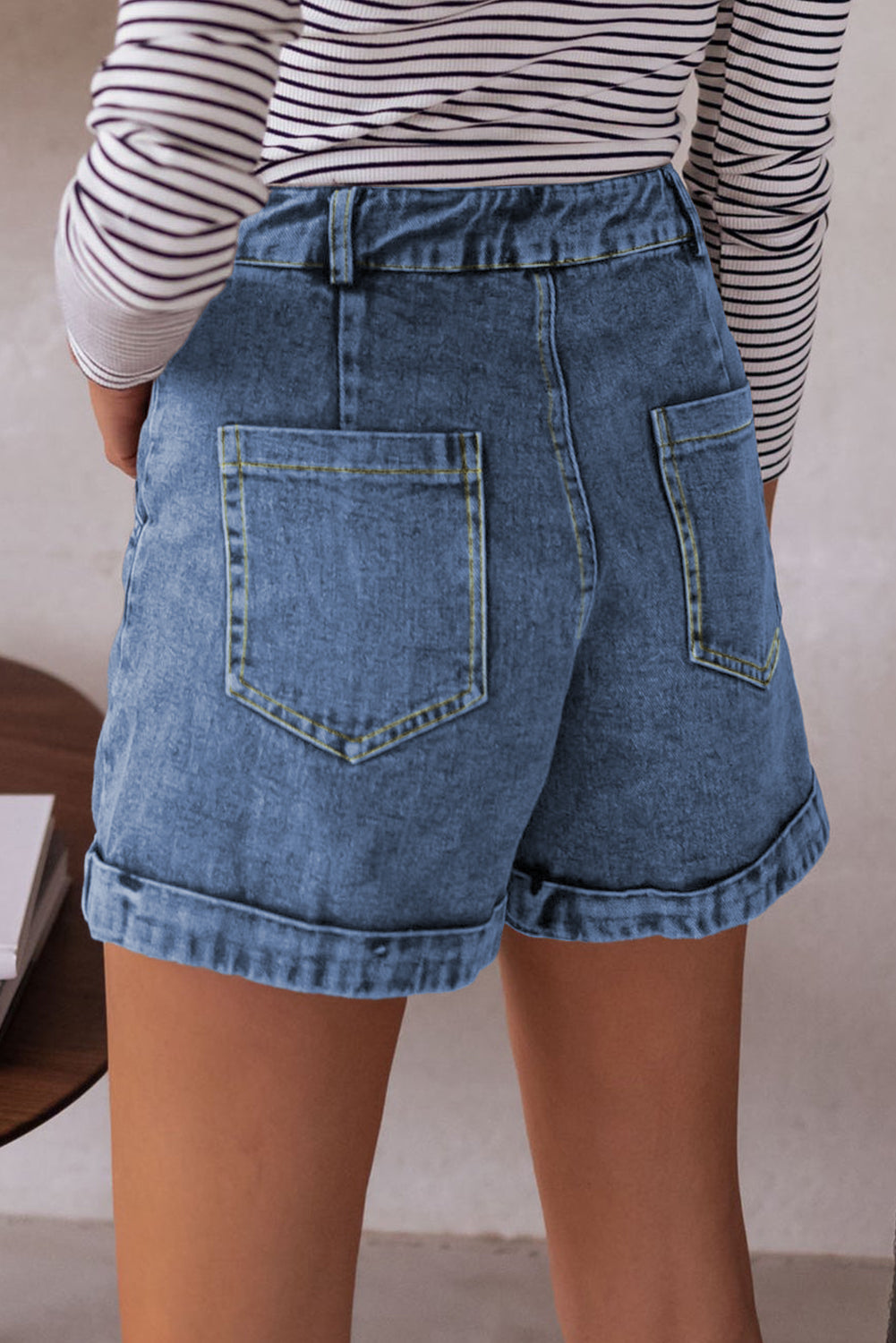 Cuffed Hem Denim Shorts with Seam Detail & Pockets
