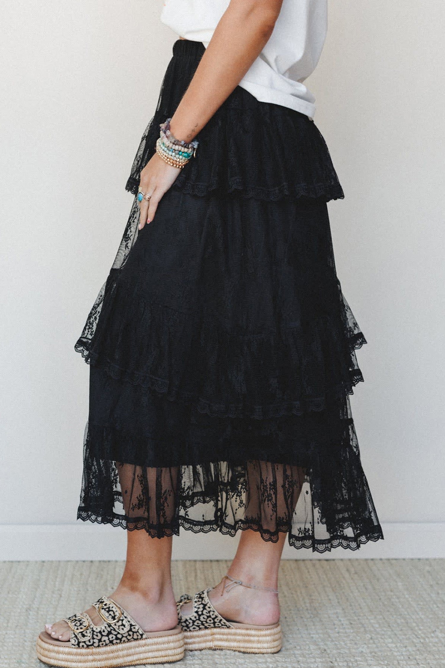 Elegant Ruffle Lace Tiered Skirt – Black